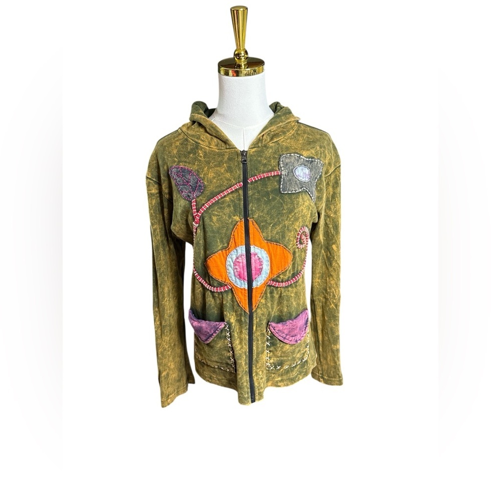 Shop Therapy Peace Hoodie Embroidered Patchwork Multi Colored Cotton Size M